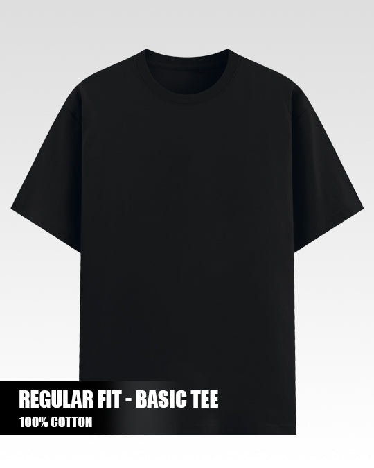 Black t-shirt on a light gray background with text indicating 'Regular Fit - Basic Tee' and '100% Cotton'.