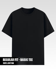 Black t-shirt on a light gray background with text indicating 'Regular Fit - Basic Tee' and '100% Cotton'.